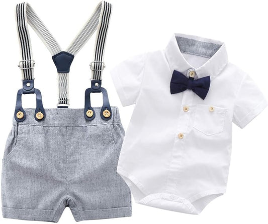 Boarnseorl Baby Boys Gentleman Outfits Shorts Sets, Infant Shirt + Shorts + Bow Tie + Suspenders