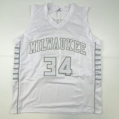 Autographed/Signed Giannis Antetokounmpo Milwaukee White Ice Basketball Jersey JSA COA