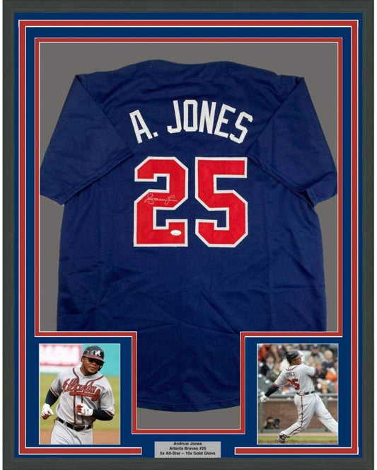 Framed Autographed/Signed Andruw Jones 35x39 Atlanta Blue Baseball Jersey JSA COA