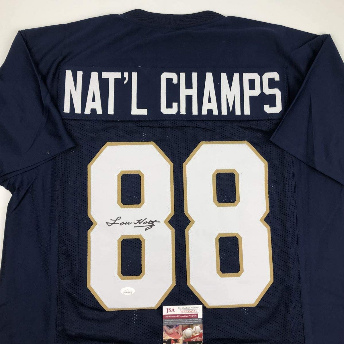 Autographed/Signed Lou Holtz 1988 National Champs Notre Dame Blue College Football Jersey JSA COA