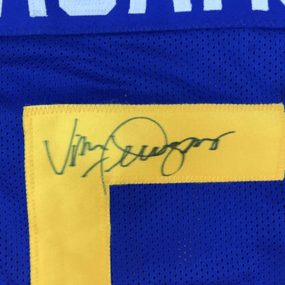 Framed Autographed/Signed Vince Ferragamo 35x39 Los Angeles LA Rams Blue Football Jersey JSA COA