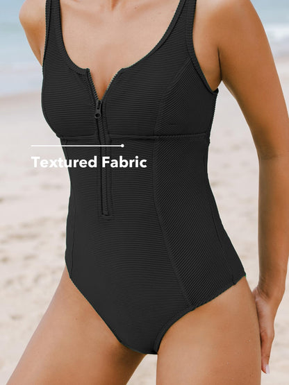 CUPSHE Women's One Piece Swimsuit Tummy Control Bathing Suit Zipper Front Adjustable Straps Ribbed Swimwear M Black