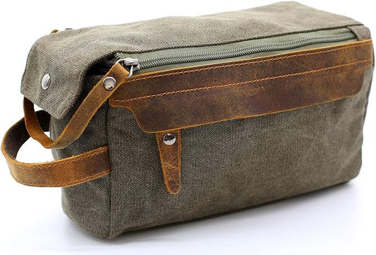 Flow.month Toiletry Bag For Men And Women Personalized Shaving Kit Bag Crazy Horse Leather Dopp Kit For Men Travel Shaving Bag Mens Toiletry Bag Canvas Dopp Kit For Travel (ArmyGreen (Blank))