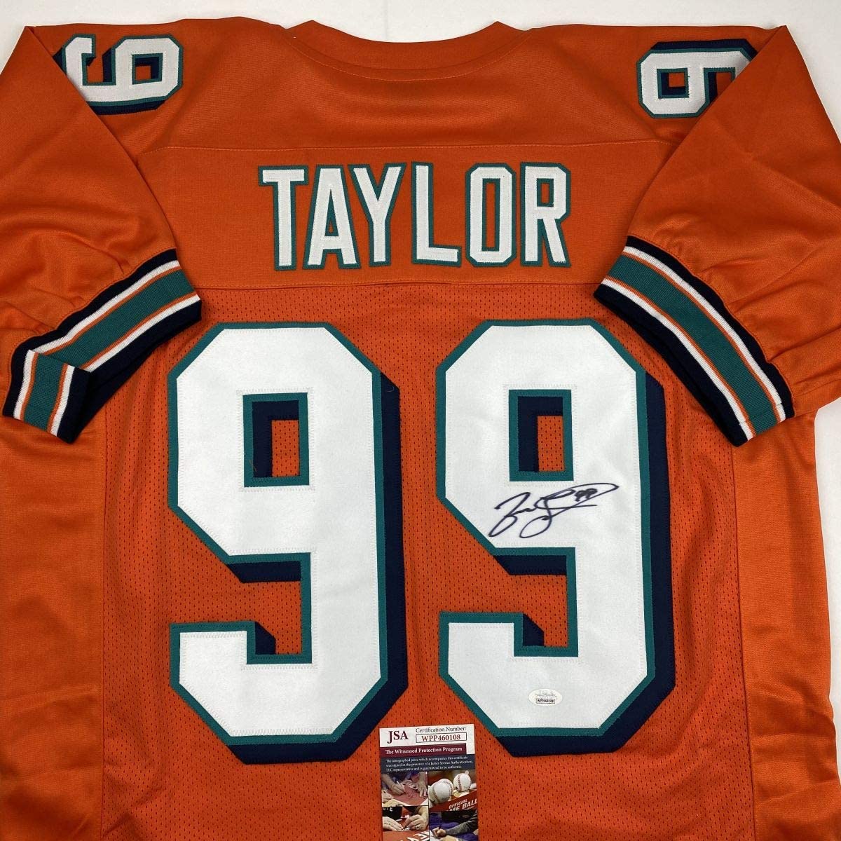 Autographed/Signed Jason Taylor Miami Orange Football Jersey JSA COA