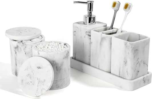 Bathroom Accessories Set, 6 Piece Bathroom Set with Toothbrush Holders, Soap Dispenser, Vanity Tray, Tumbler, Cotton Swab Jars, Bathroom Organizer´_‘Bathroom Sink Sets, Artificial Marble White