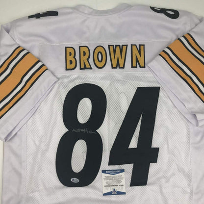 Autographed/Signed Antonio Brown Pittsburgh White Football Jersey Beckett BAS COA