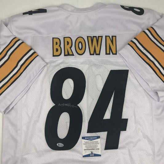 Autographed/Signed Antonio Brown Pittsburgh White Football Jersey Beckett BAS COA