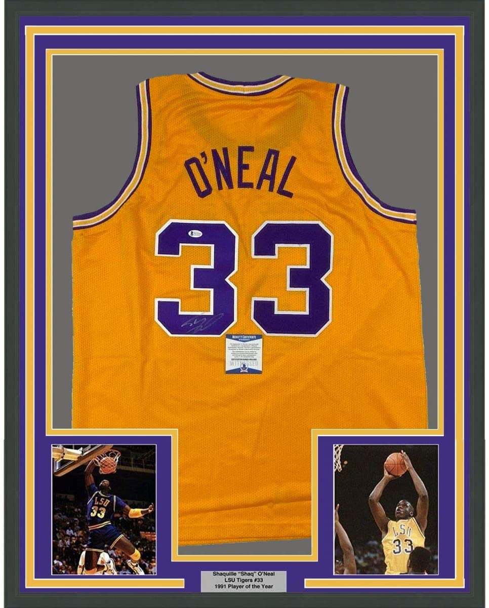Framed Autographed/Signed Shaquille Shaq O'Neal 35x39 LSU Yellow Basketball Jersey Beckett BAS COA