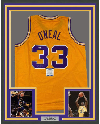 Framed Autographed/Signed Shaquille Shaq O'Neal 35x39 LSU Yellow Basketball Jersey Beckett BAS COA