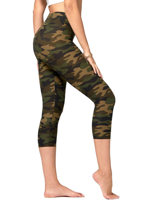 Conceited Camo Print Premium Ultra Soft High Waisted Capri Leggings for Women - 3" Wide Band - One Size - PL3-Capri-F-120-SM