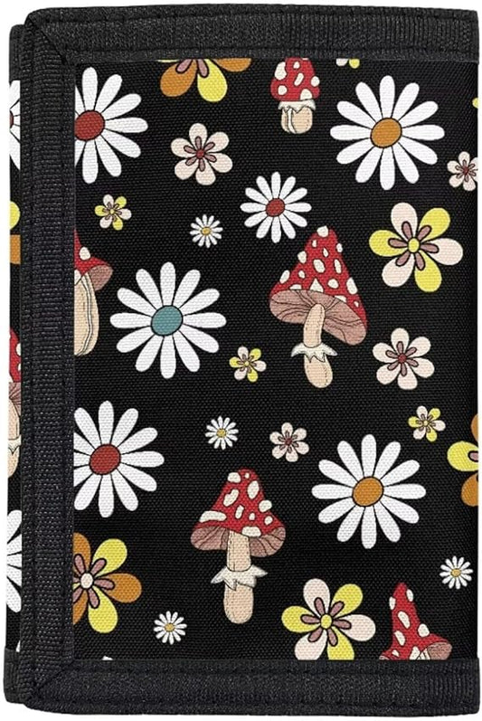 GIFTPUZZ Mushroom Children Trifold Wallet Black Credit Card Holder Polyester Moneybag Easy Carry Purse for Kids Adults Birthday Gifts One Pack