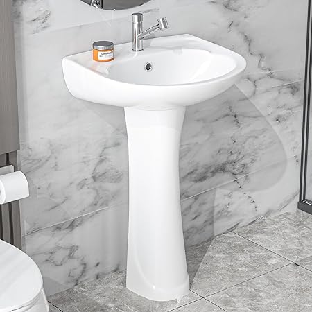 Small Pedestal Sink White 1 Hole, 20 x 17 Inch Bathroom Pedestal Sink Combo, w Water Blocking Edge, 1 Overflow Hole, 1 Faucet Hole, White Porcelain, for Bathroom, Laundry, Aisle