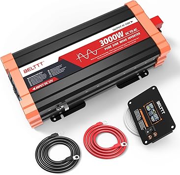 BELTTT 3000W Pure Sine Wave Inverter 12V DC to 120V AC for RV, Truck, Off-Grid, Home, Solar Car Power Inverter with Dual AC, 20A Socket, 5V 2.1A USB, Hardwire Port, Remote Controller 23Ft Cable