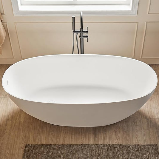 55" Stone Resin Freestanding Bathtub, Oval Contemporary Soaking Tubs, Solid Surface Stand Alone Tub with Drain & Integrated Slotted Overflow Matte White 8845-1400