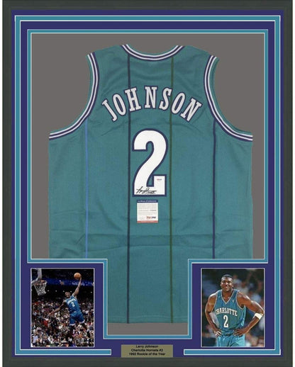 Framed Autographed/Signed Larry Johnson 35x39 Charlotte Teal Basketball Jersey PSA/DNA COA