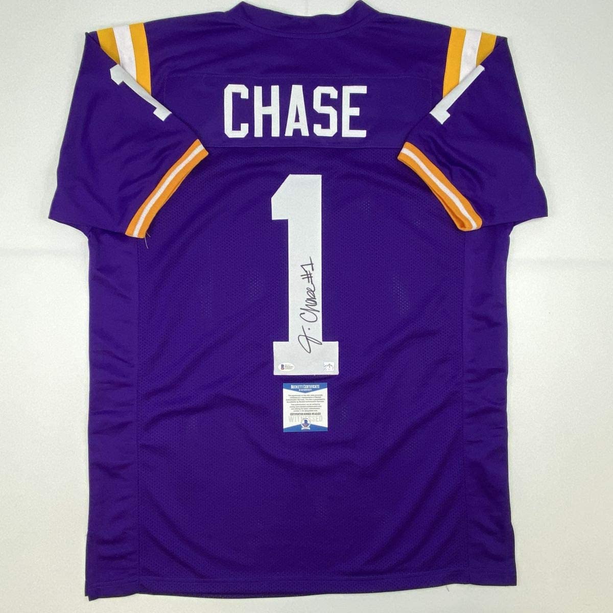 Autographed/Signed Ja'Marr Chase LSU Purple College Football Jersey Beckett BAS COA