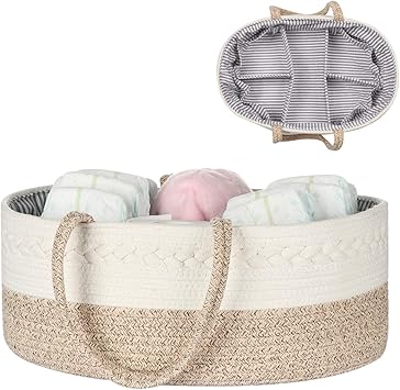 Baby Diaper Caddy Organizer -100% Cotton Baby Basket Bin with Removable Divider -Portable Tote Bag Storage Basket for Boy & Girl Nursery Organization (White & Yellow Variegated)