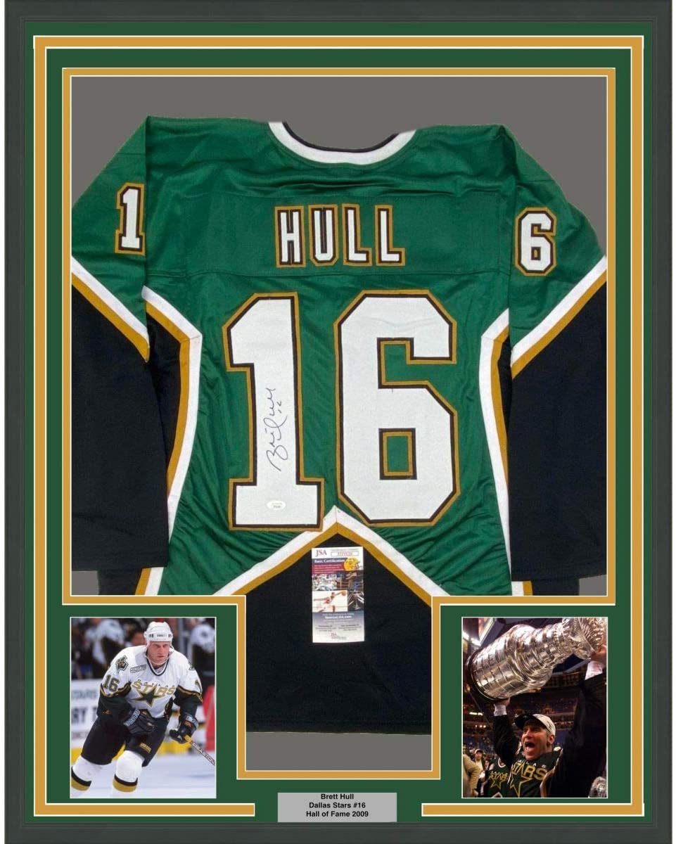 Framed Autographed/Signed Brett Hull #16 35x39 Dallas Green Hockey Jersey JSA COA