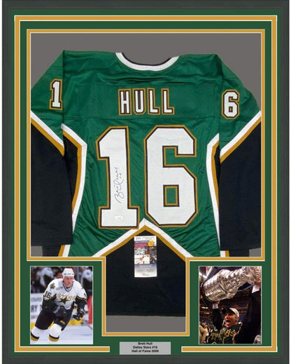 Framed Autographed/Signed Brett Hull #16 35x39 Dallas Green Hockey Jersey JSA COA