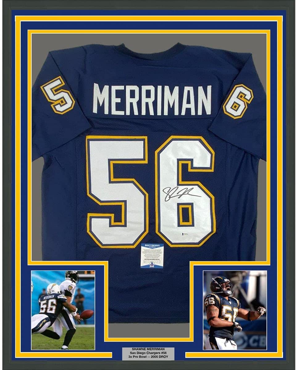 Framed Autographed/Signed Shawne Merriman 35x39 San Diego Dark Blue Football Jersey Beckett BAS COA