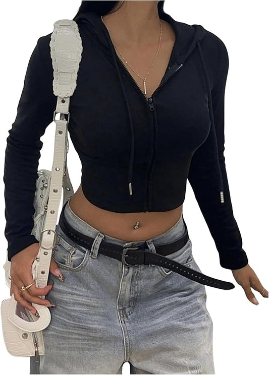 Women's Zip Up Hooded Sweatshirt Drawstring Long Sleeve Slim Y2K Hoodie Crop Tops
