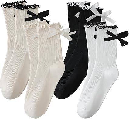 4 Pairs Womens Bow Socks, Cute Frilly Ruffle Casual Crew Socks, Soft Breathable Cotton JK Bow Socks