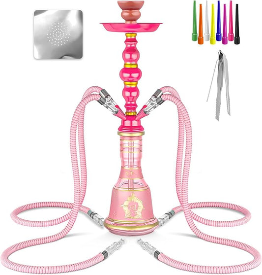 21'' Hookah Set 4 Hose Hookah Set With Everything, Glass Vase, Ceramic Bowl, Coal Tong, Leather Hose, Hookah Foil, Disposable Hookah Tips (Pink)