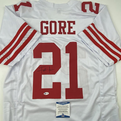 Autographed/Signed Frank Gore San Francisco White Football Jersey Beckett BAS COA