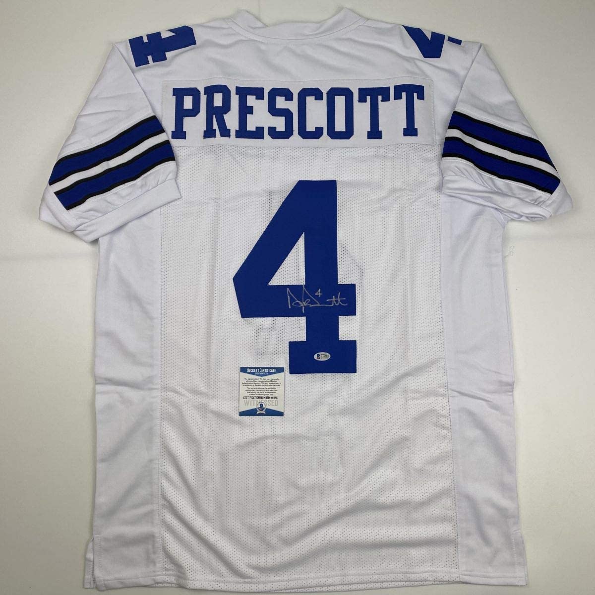 Autographed/Signed Dak Prescott Dallas White Football Jersey Beckett BAS COA