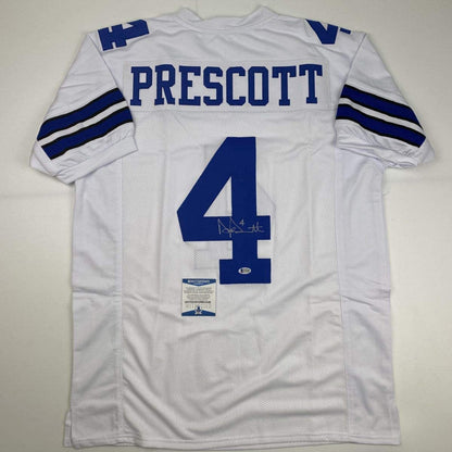 Autographed/Signed Dak Prescott Dallas White Football Jersey Beckett BAS COA
