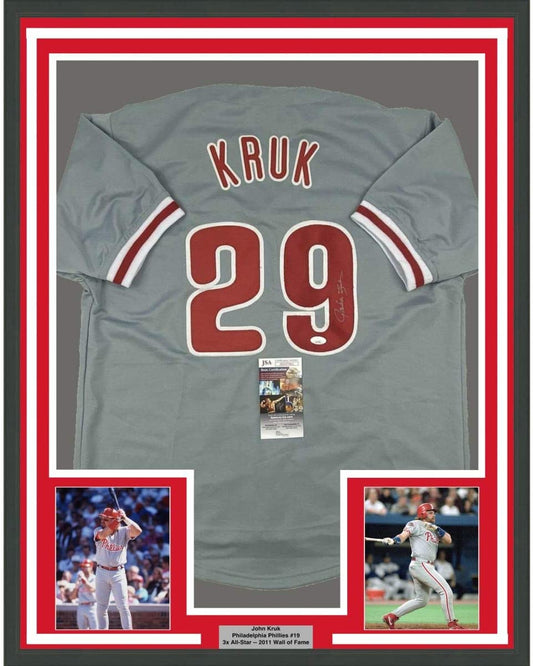 Framed Autographed/Signed John Kruk 35x39 Philadelphia Grey Baseball Jersey JSA COA