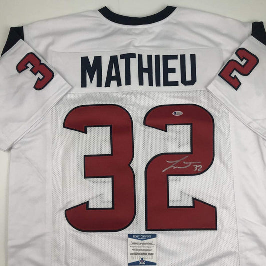 Autographed/Signed Tyrann Mathieu Houston White Football Jersey Beckett BAS COA