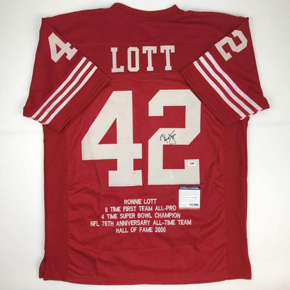 Autographed/Signed Ronnie Lott San Francisco Red Stat Football Jersey PSA/DNA COA