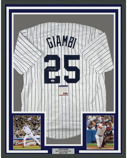 Framed Autographed/Signed Jason Giambi 35x39 New York Pinstripe Baseball Jersey PSA/DNA COA