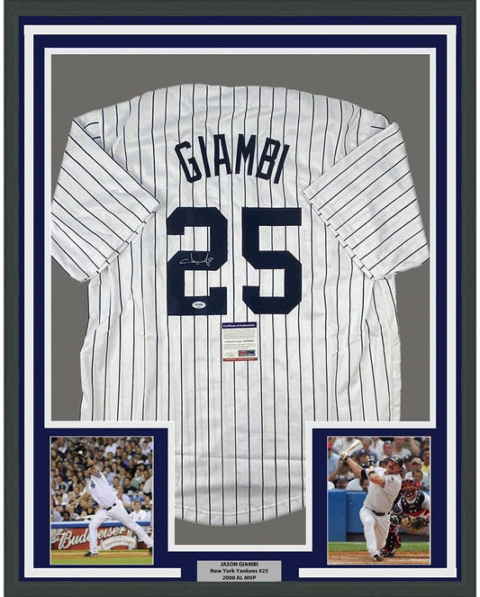 Framed Autographed/Signed Jason Giambi 35x39 New York Pinstripe Baseball Jersey PSA/DNA COA