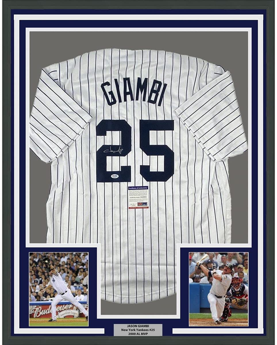 Framed Autographed/Signed Jason Giambi 35x39 New York Pinstripe Baseball Jersey PSA/DNA COA