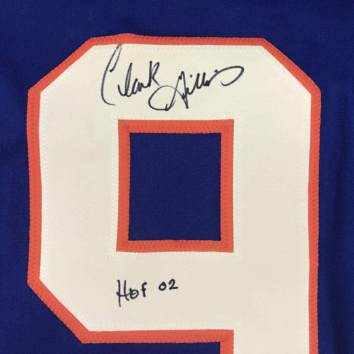Autographed/Signed Clark Gillies HOF 02 New York Blue Hockey Jersey JSA COA