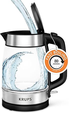 KRUPS: 1.7L Glass Electric Kettle LED Indicator, Anti Scale Filter, One Cup in 80 Seconds, 1500 Watts, Fast Boiling, Auto Off, Cordless