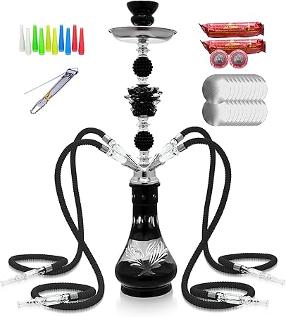 22'' 4 Hose Hookah Set with Everything Glass Shisha Vase - Include 20xCharcoal 50x Foil Hookah Bowl 100x Tips 4x Mouthpiece 4x Hookah Hose Tongs Hookah Kit (Black)