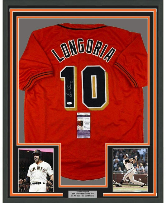 Framed Autographed/Signed Evan Longoria 35x39 San Francisco Orange Baseball Jersey JSA COA