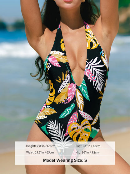 CUPSHE Women's One Piece Swimsuit Reversible Bathing Suit Halter Deep V Neck Swimwear M Black/Floral