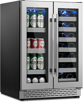 24 inch Wine and Beverage Refrigerator, 20 Bottle & 88 Cans Dual Zone Built-in Under Counter Wine Cooler Freestanding Beverage Fridge with Upgrade Compressor Tempered Glass Door Lock, Small Chiller