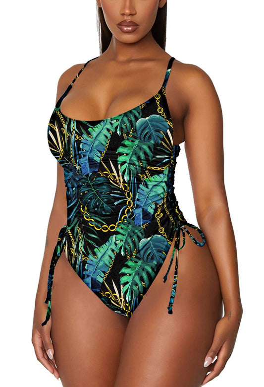 Viottiset Women's One Piece Swimsuit Ruched Drawstring High Cut Cheeky Bikini Bathing Suit Turquoise Large
