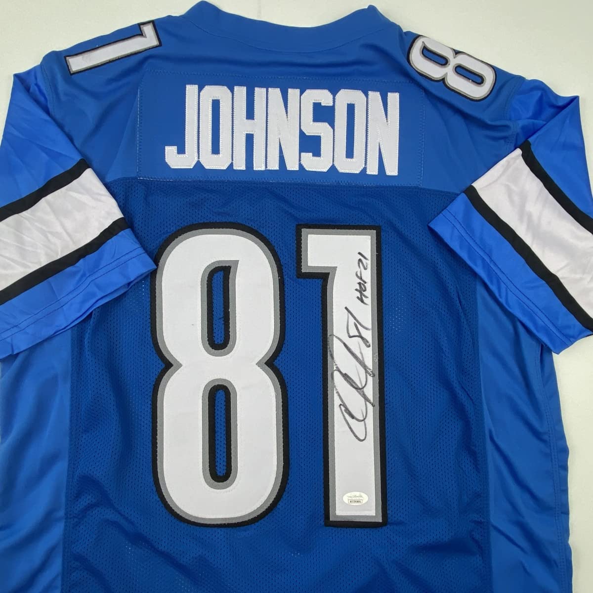 Autographed/Signed Calvin Johnson HOF 21 Detroit Blue Football Jersey JSA COA