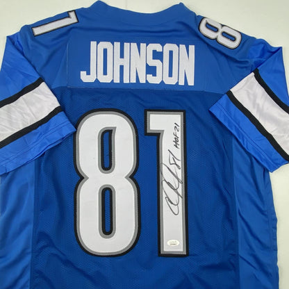 Autographed/Signed Calvin Johnson HOF 21 Detroit Blue Football Jersey JSA COA