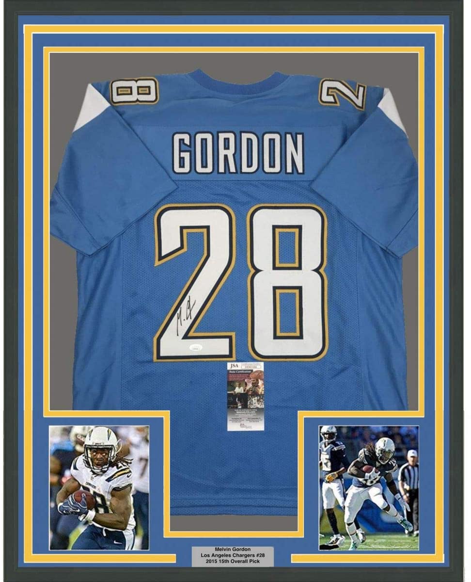 Framed Autographed/Signed Melvin Gordon 35x39 Los Angeles LA Powder Blue Football Jersey JSA COA