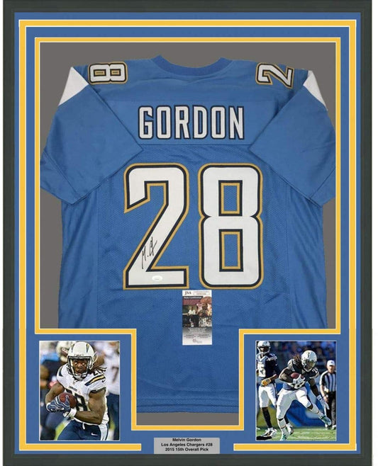 Framed Autographed/Signed Melvin Gordon 35x39 Los Angeles LA Powder Blue Football Jersey JSA COA