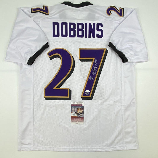 Autographed/Signed JK J.K. Dobbins Baltimore White Football Jersey JSA COA