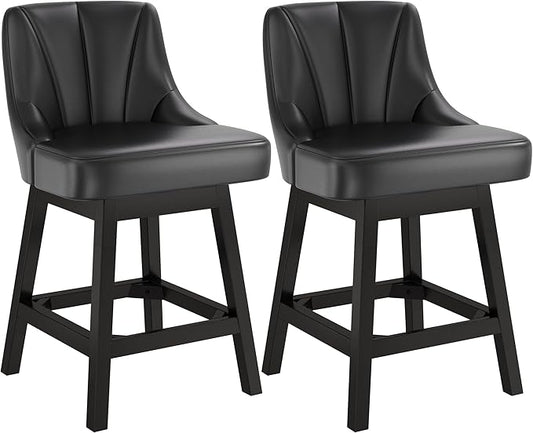 2025 Upgraded Swivel Bar Stools with Backs, 26" Counter Height Bar Stools Set of 2, Modern Leather Upholstered Counter Barstools with Solid Wood Legs for Kitchen Island, Dining Room, Black