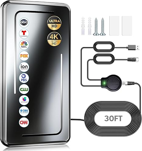 2025 Upgraded TV Antenna Indoor, 1900+ Miles Range Digital Antenna for Smart TV Indoor, HDTV Antenna for Local Channels with Amplifier Signal Booster, Support 8K 4K 1080p - 30ft Coax Cable